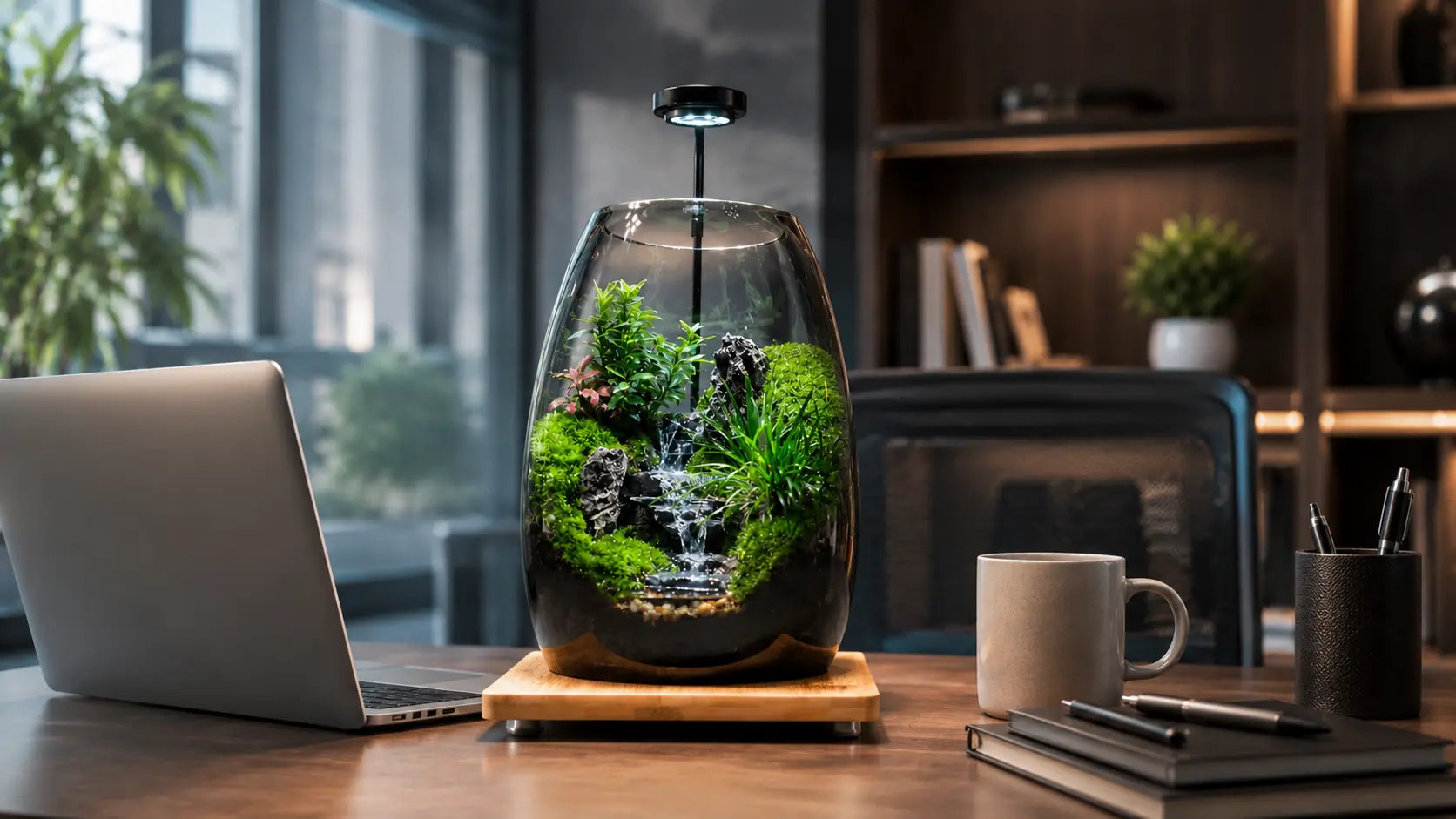 Green Hills moss microlandscape terrarium on a modern wooden office desk next to a laptop as low-maintenance indoor garden decor.