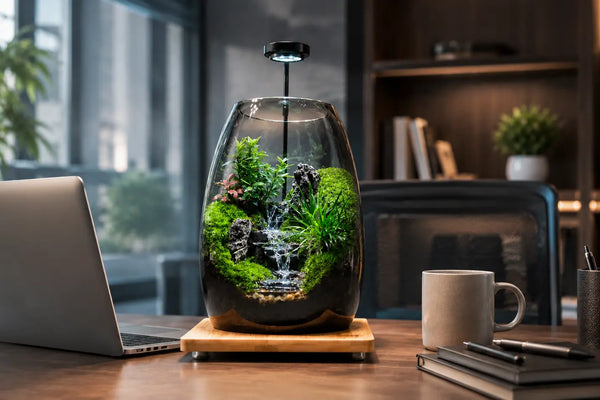 Green Hills moss microlandscape terrarium on a modern wooden office desk next to a laptop as low-maintenance indoor garden decor.
