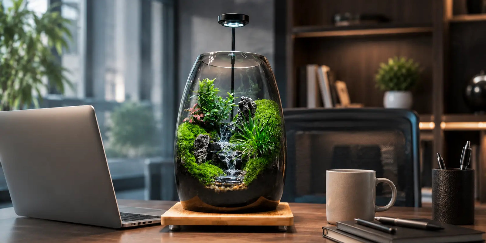 Green Hills moss microlandscape terrarium on a modern wooden office desk next to a laptop as low-maintenance indoor garden decor.