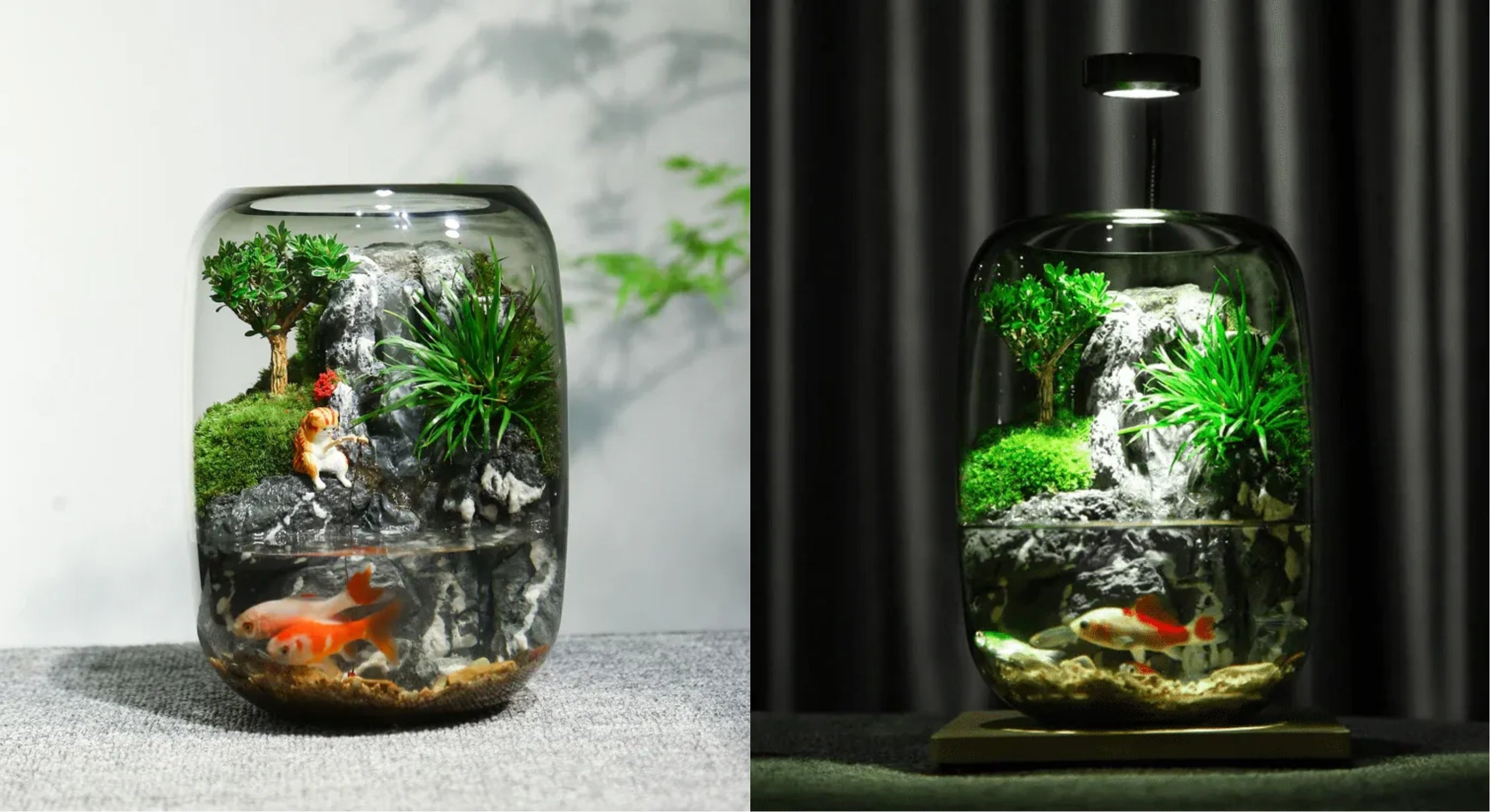 Day and night view of Mini Haven micro-landscape aquarium with LED lighting and flowing water.