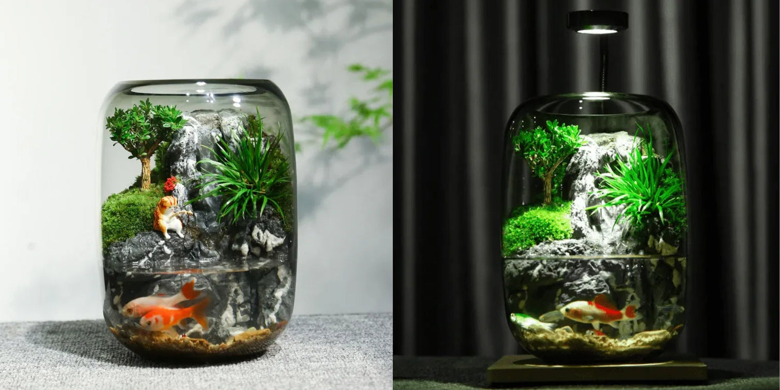 Day and night view of Mini Haven micro-landscape aquarium with LED lighting and flowing water.