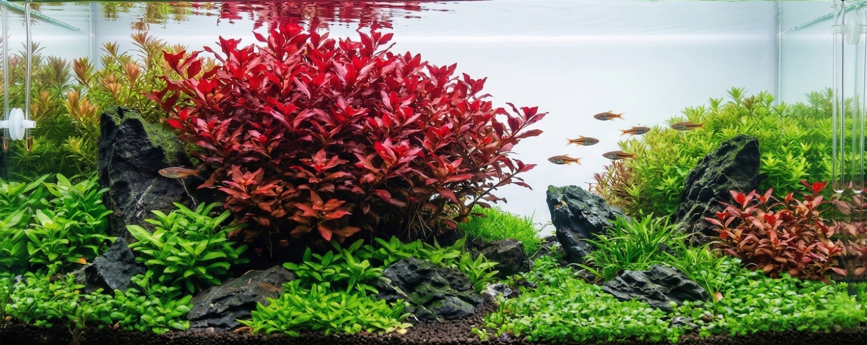 A professionally aquascaped freshwater aquarium featuring a large focal point of red Ludwigia Palustris surrounded by green carpet plants and driftwood.