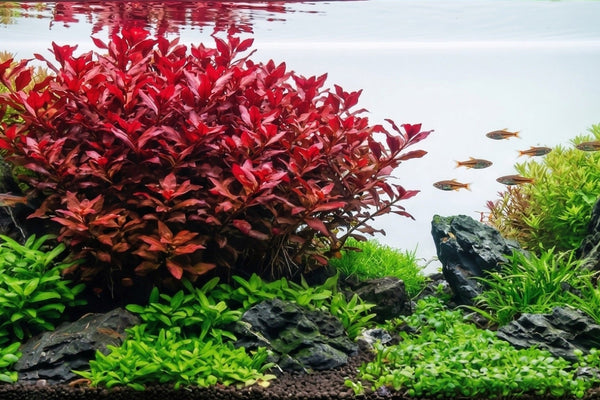 A professionally aquascaped freshwater aquarium featuring a large focal point of red Ludwigia Palustris surrounded by green carpet plants and driftwood.