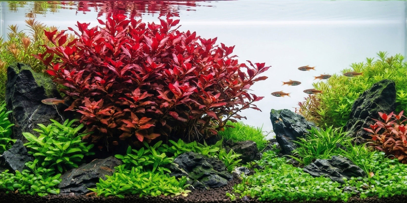 A professionally aquascaped freshwater aquarium featuring a large focal point of red Ludwigia Palustris surrounded by green carpet plants and driftwood.
