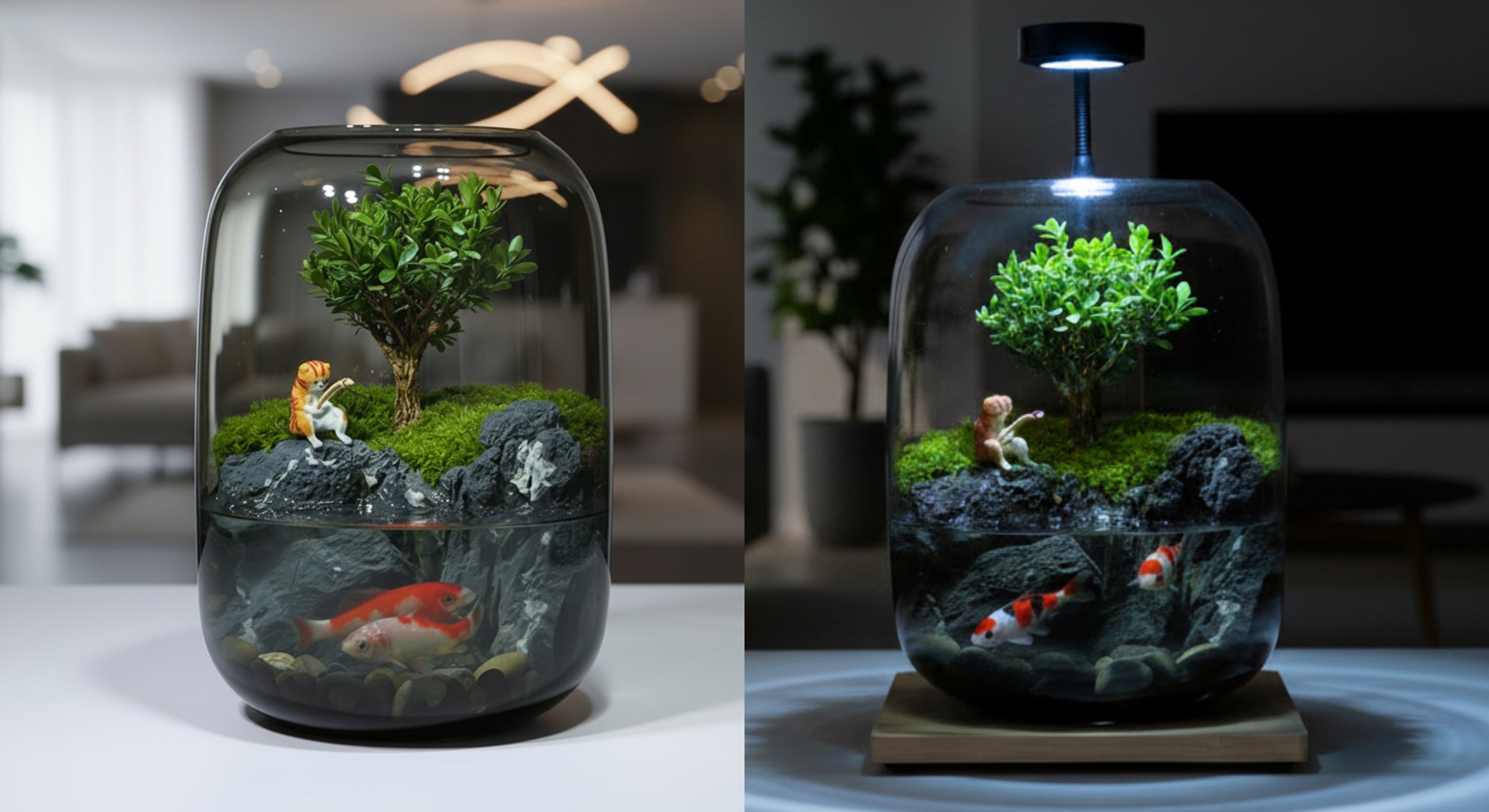 Veridian Haven 5-liter handcrafted microecological landscape aquarium with integrated LED light and live aquatic plants.