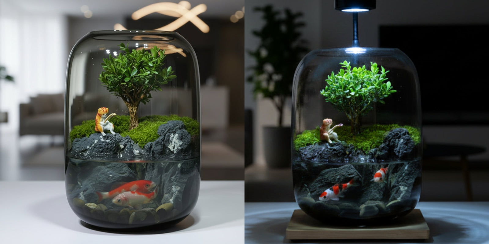 Veridian Haven 5-liter handcrafted microecological landscape aquarium with integrated LED light and live aquatic plants.