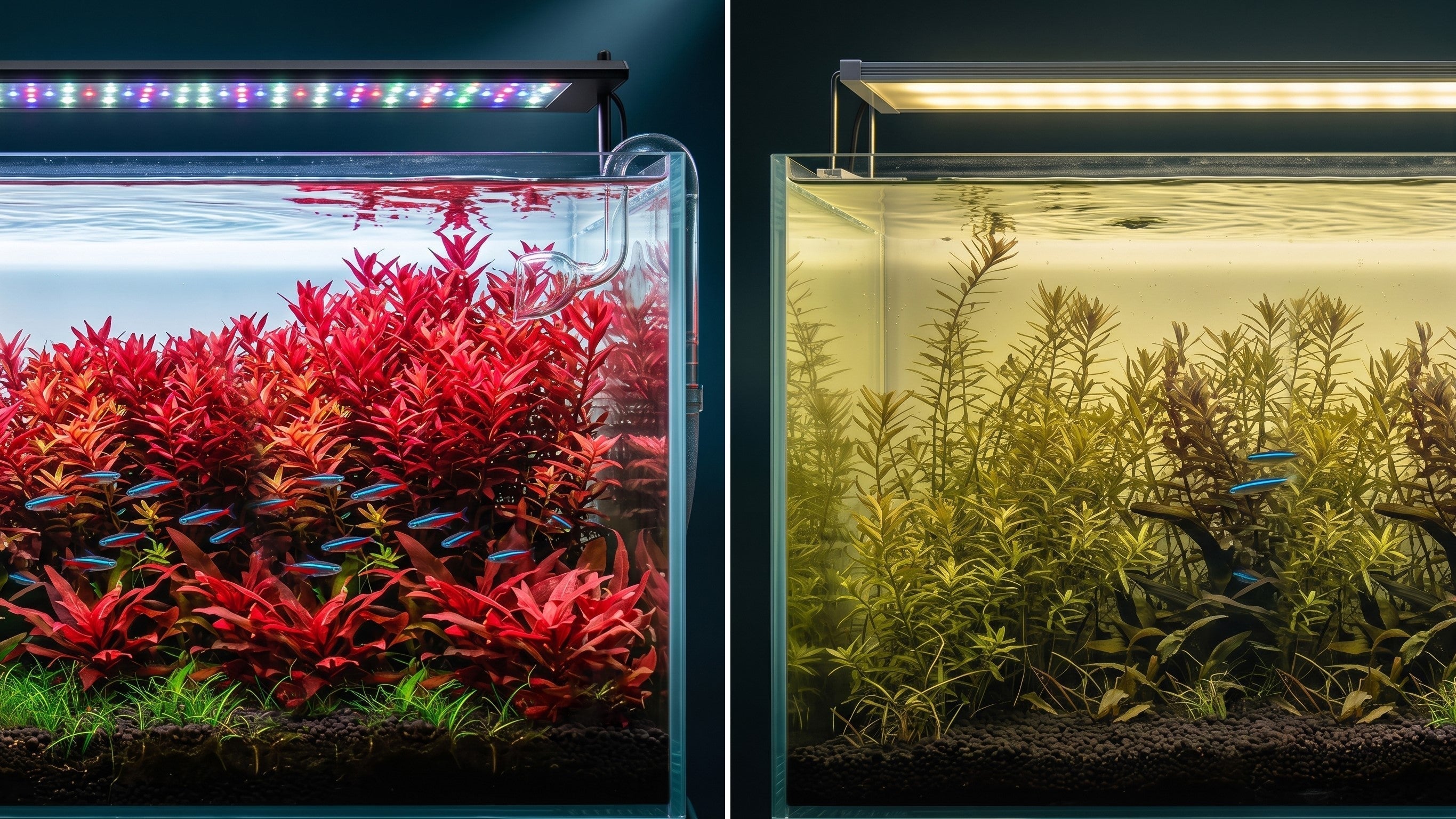 Side-by-side comparison of vibrant red Rotala stem plants under WEEK AQUA RGB+UV aquarium LED lighting versus dull olive green plants under standard RGB aquarium lighting.