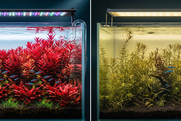 Side-by-side comparison of vibrant red Rotala stem plants under WEEK AQUA RGB+UV aquarium LED lighting versus dull olive green plants under standard RGB aquarium lighting.