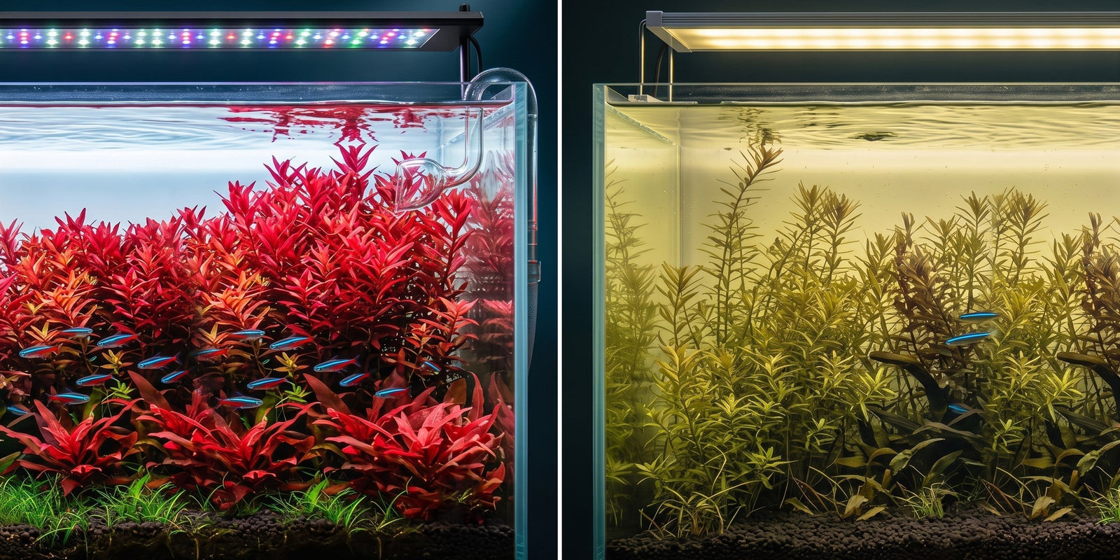Side-by-side comparison of vibrant red Rotala stem plants under WEEK AQUA RGB+UV aquarium LED lighting versus dull olive green plants under standard RGB aquarium lighting.
