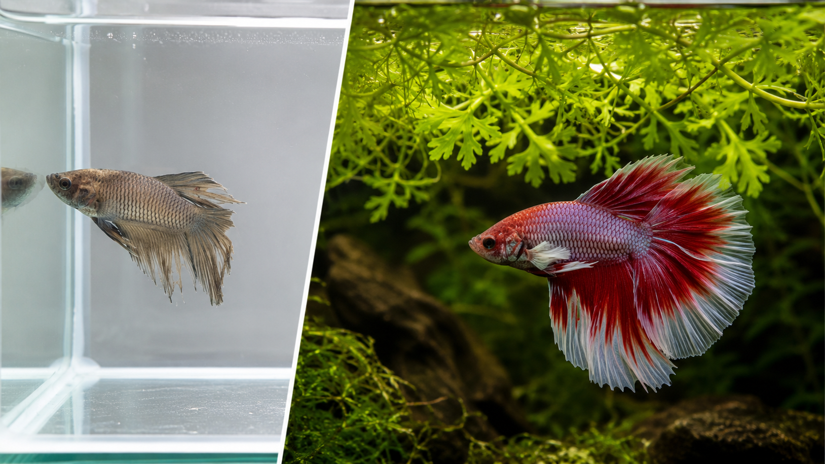 Split screen showing a stressed, dull betta fish in a bare tank on the left, compared to a vibrant, relaxed red betta fish swimming under floating water sprite on the right.
