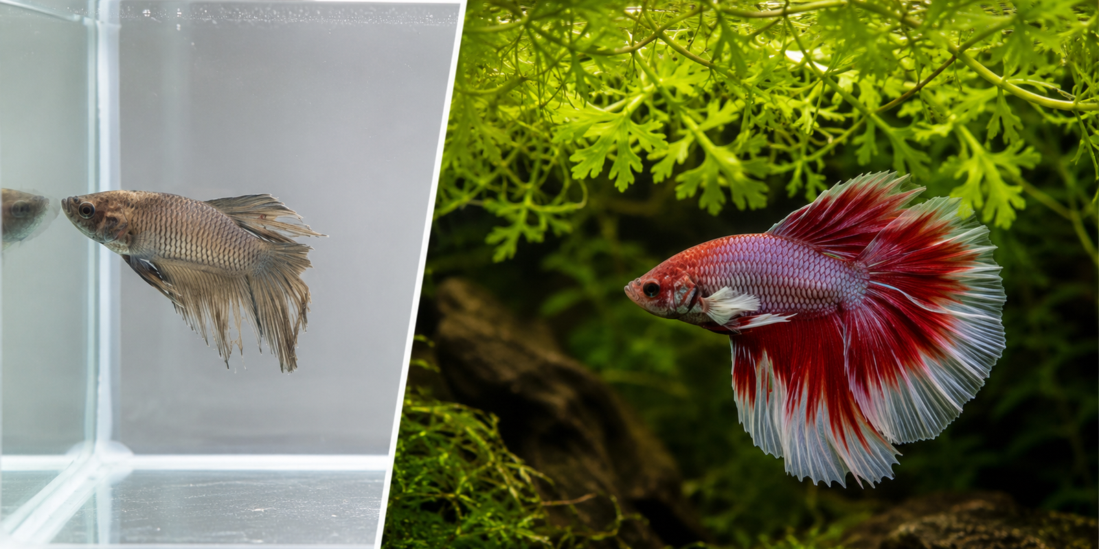 Split screen showing a stressed, dull betta fish in a bare tank on the left, compared to a vibrant, relaxed red betta fish swimming under floating water sprite on the right.