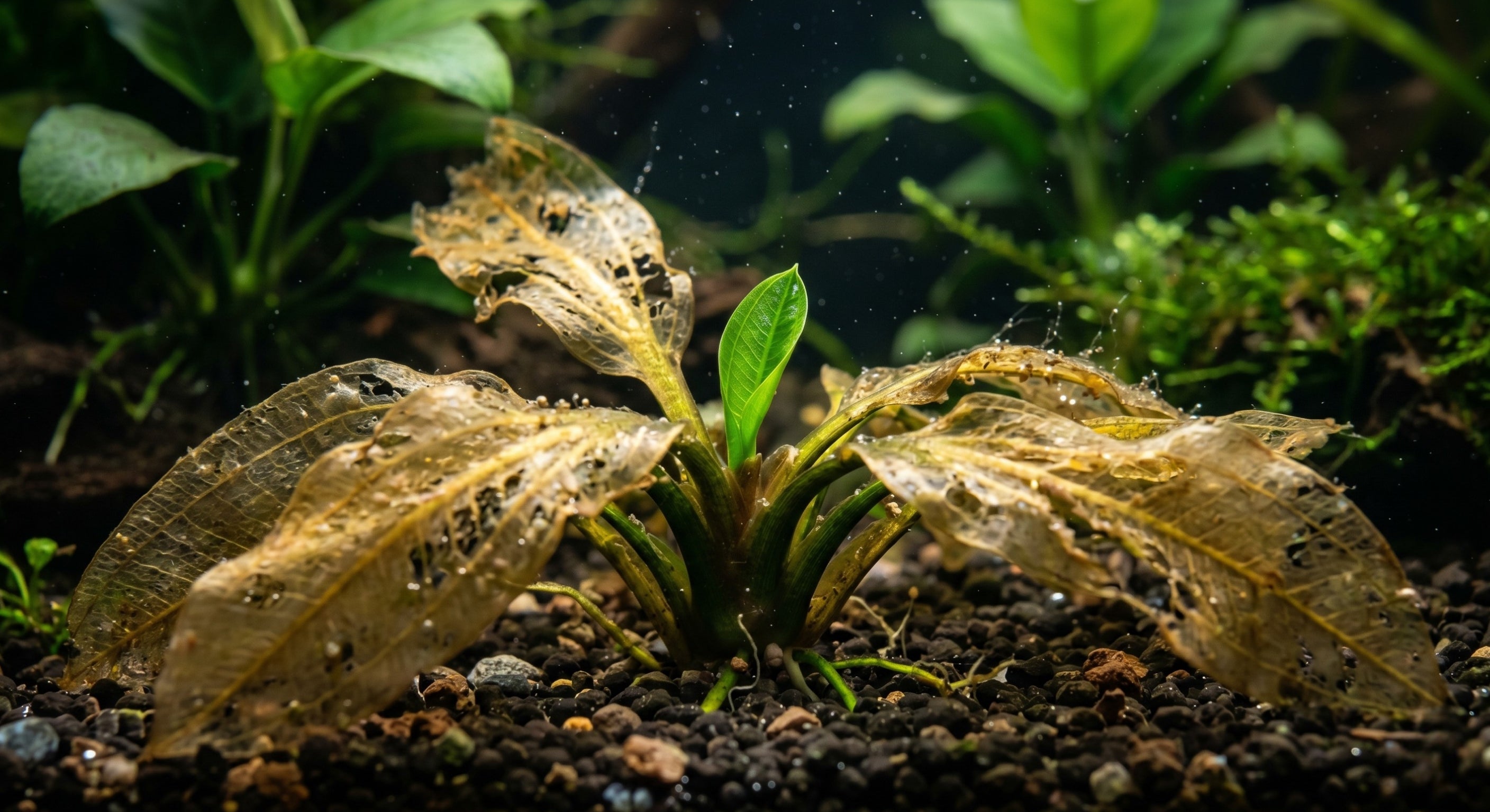 Aquarium plant melt explained: Macro view of a melting transparent leaf with a vibrant new green submerged leaf emerging from a healthy crown in a planted tank.