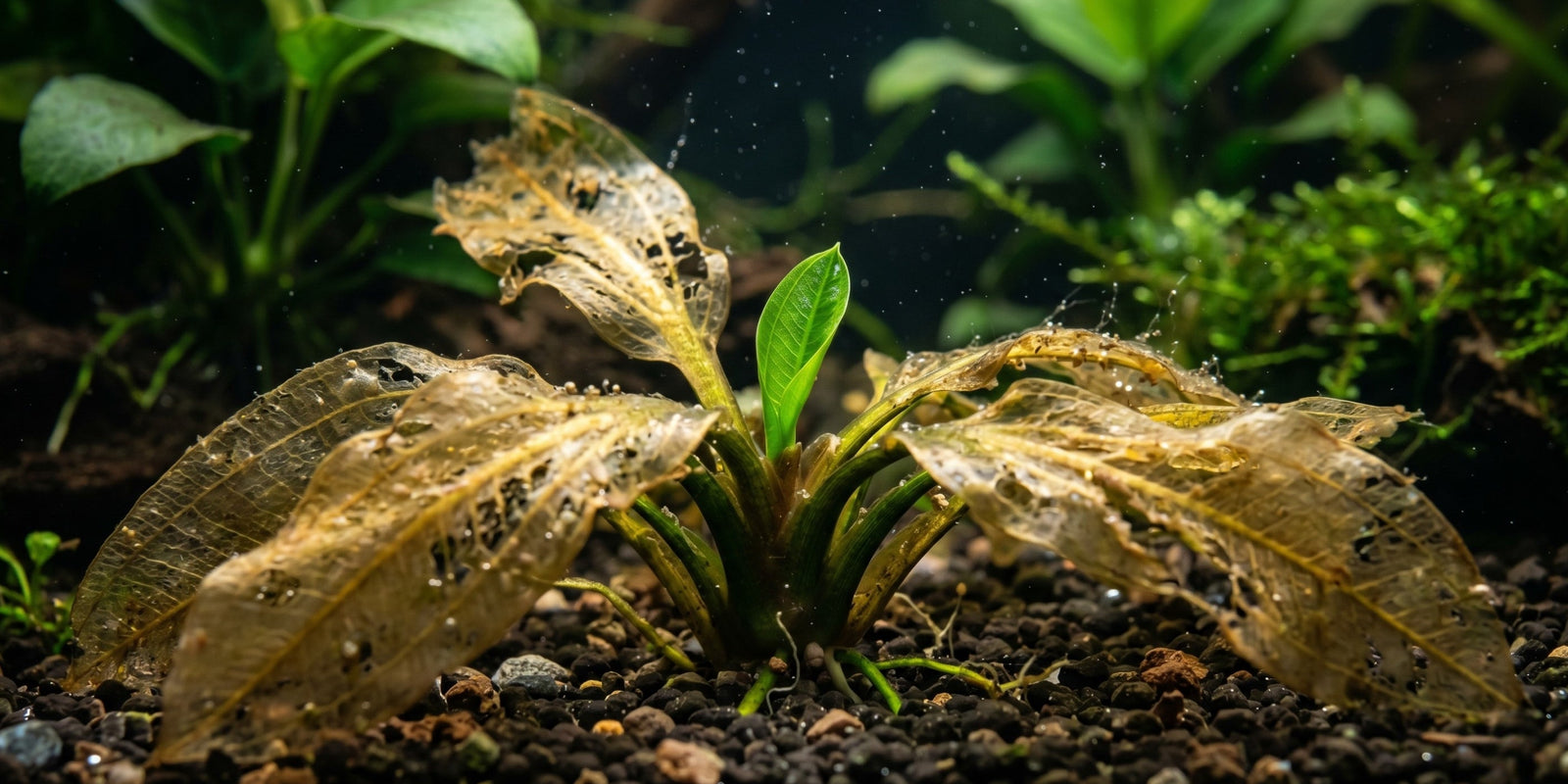 Aquarium plant melt explained: Macro view of a melting transparent leaf with a vibrant new green submerged leaf emerging from a healthy crown in a planted tank.
