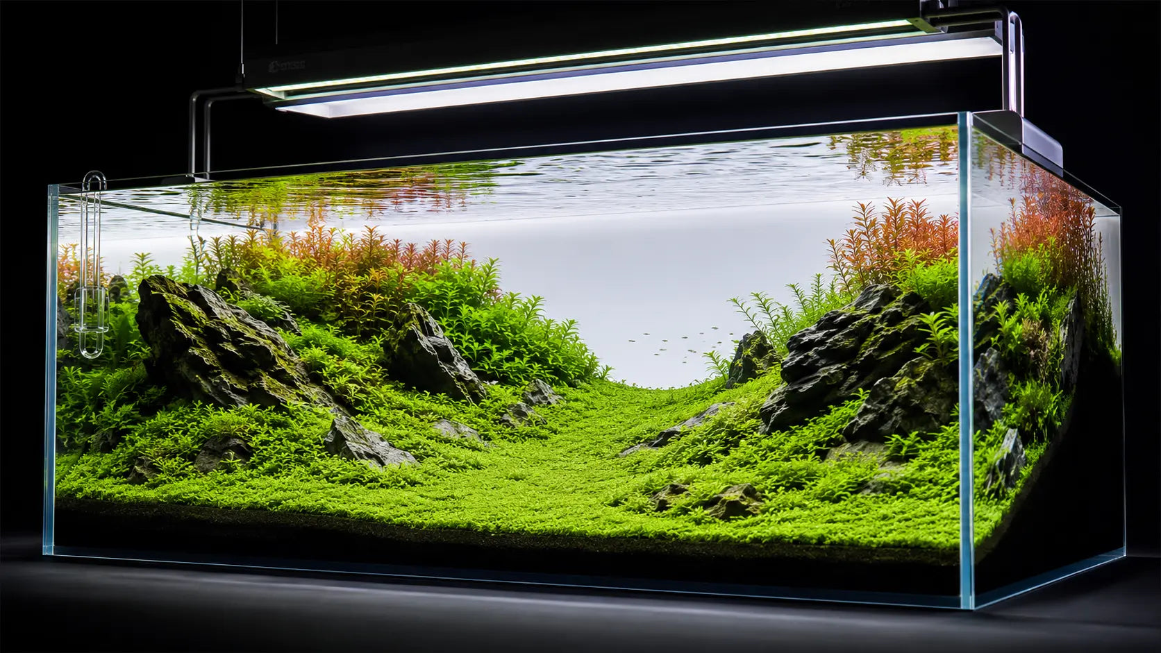 High-tech planted aquarium featuring a sweeping, flawless green foreground carpet of dwarf hairgrass and micro sword anchored in nutrient-rich substrate.