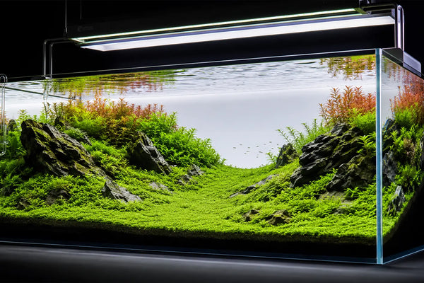 High-tech planted aquarium featuring a sweeping, flawless green foreground carpet of dwarf hairgrass and micro sword anchored in nutrient-rich substrate.