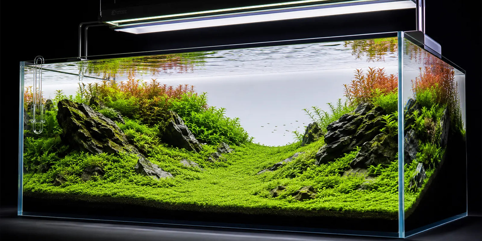 High-tech planted aquarium featuring a sweeping, flawless green foreground carpet of dwarf hairgrass and micro sword anchored in nutrient-rich substrate.