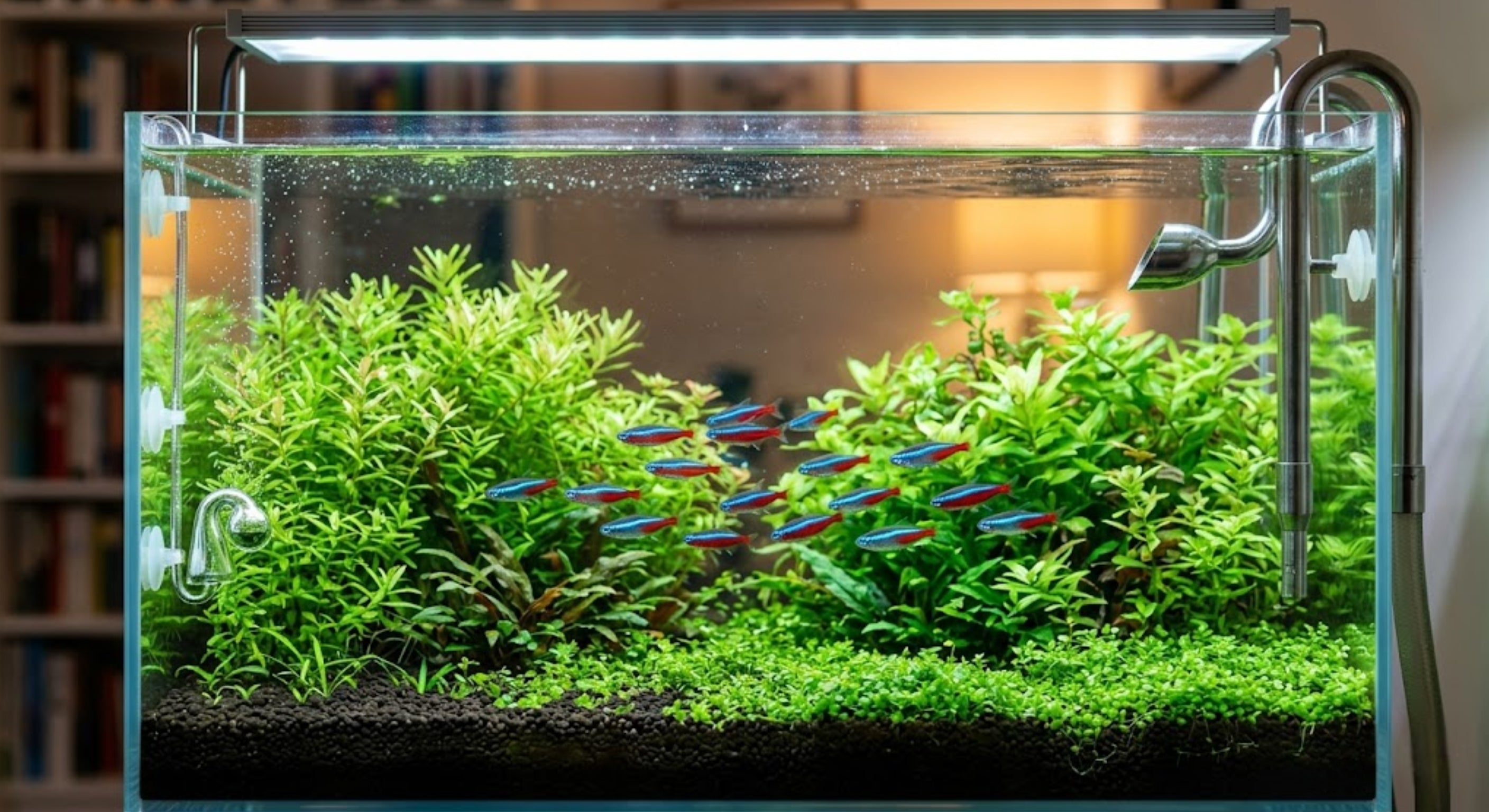 Crystal clear high-tech planted aquarium featuring healthy stem plants and schooling neon tetras.