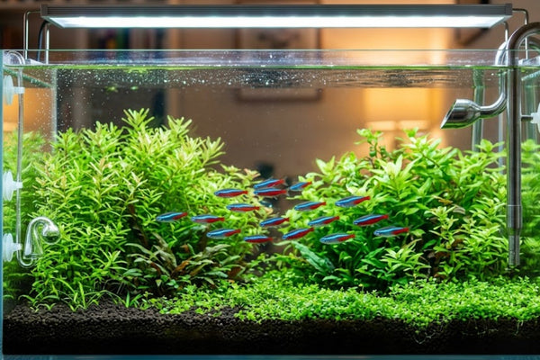 Crystal clear high-tech planted aquarium featuring healthy stem plants and schooling neon tetras.