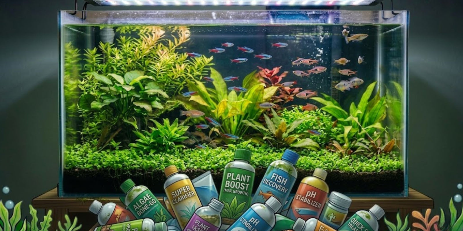 Freshwater planted aquarium maintenance kit with various PlantedPro water conditioners, fertilizers, and pH stabilizers for a balanced ecosystem.