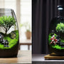 ZenFlow tabletop terrarium side-by-side comparison in natural daylight vs. LED grow light illumination.