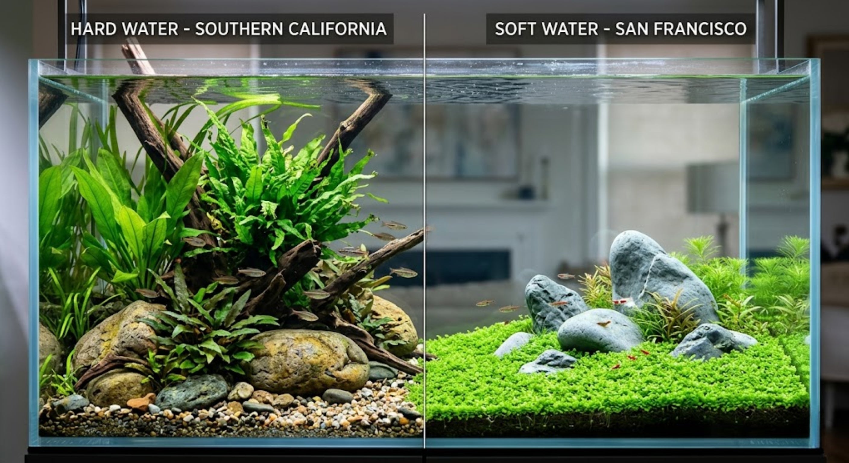 Conceptual split screen showing a hard water planted tank with ferns on the left and a soft water Iwagumi aquascape with an HC Cuba carpet on the right, representing Southern vs Northern California tap water.