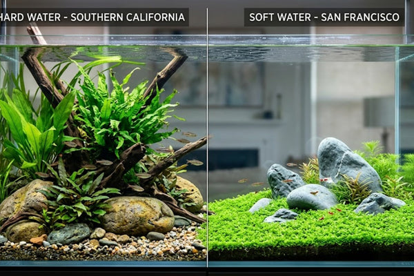 Conceptual split screen showing a hard water planted tank with ferns on the left and a soft water Iwagumi aquascape with an HC Cuba carpet on the right, representing Southern vs Northern California tap water.