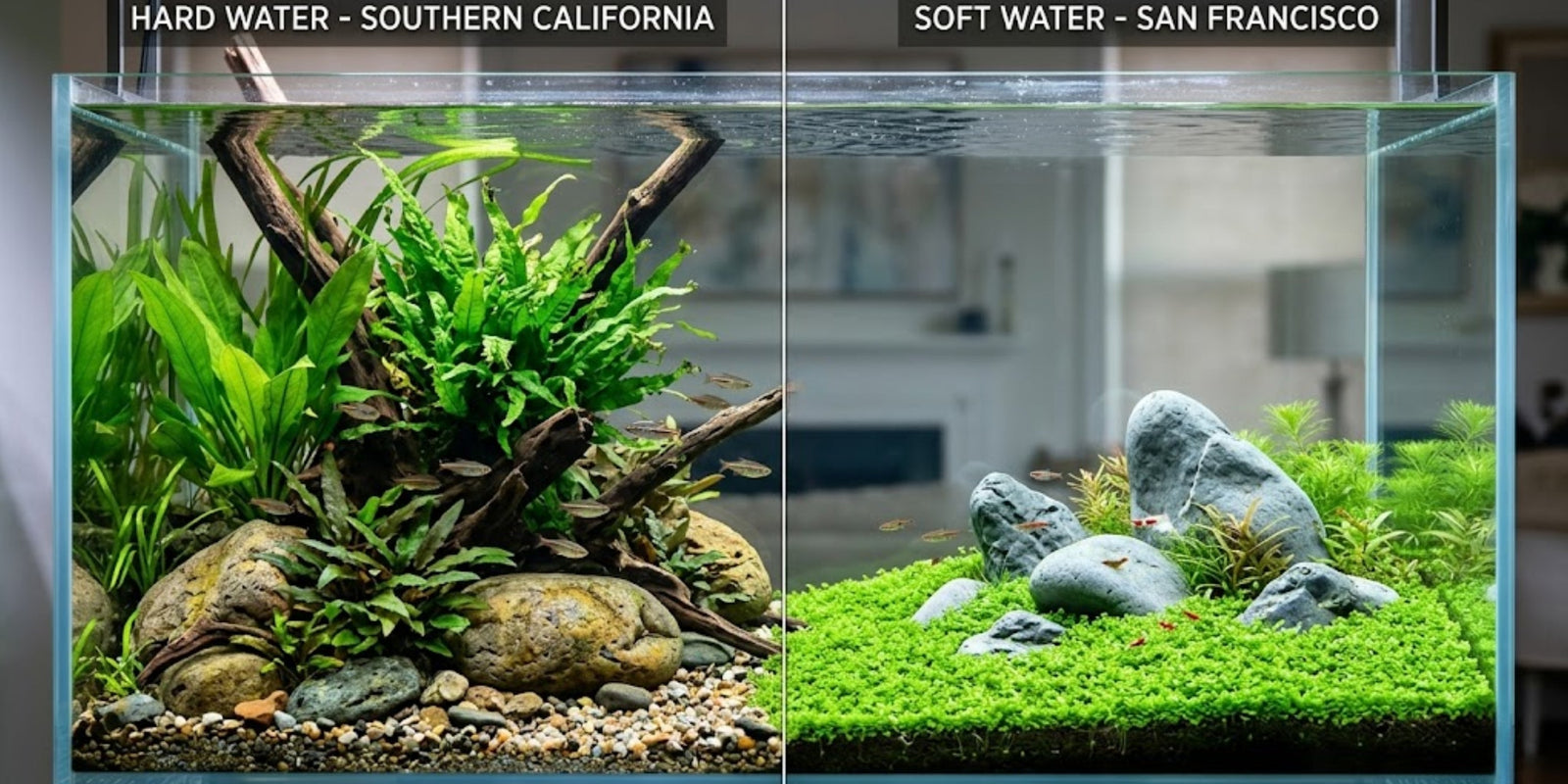 Conceptual split screen showing a hard water planted tank with ferns on the left and a soft water Iwagumi aquascape with an HC Cuba carpet on the right, representing Southern vs Northern California tap water.