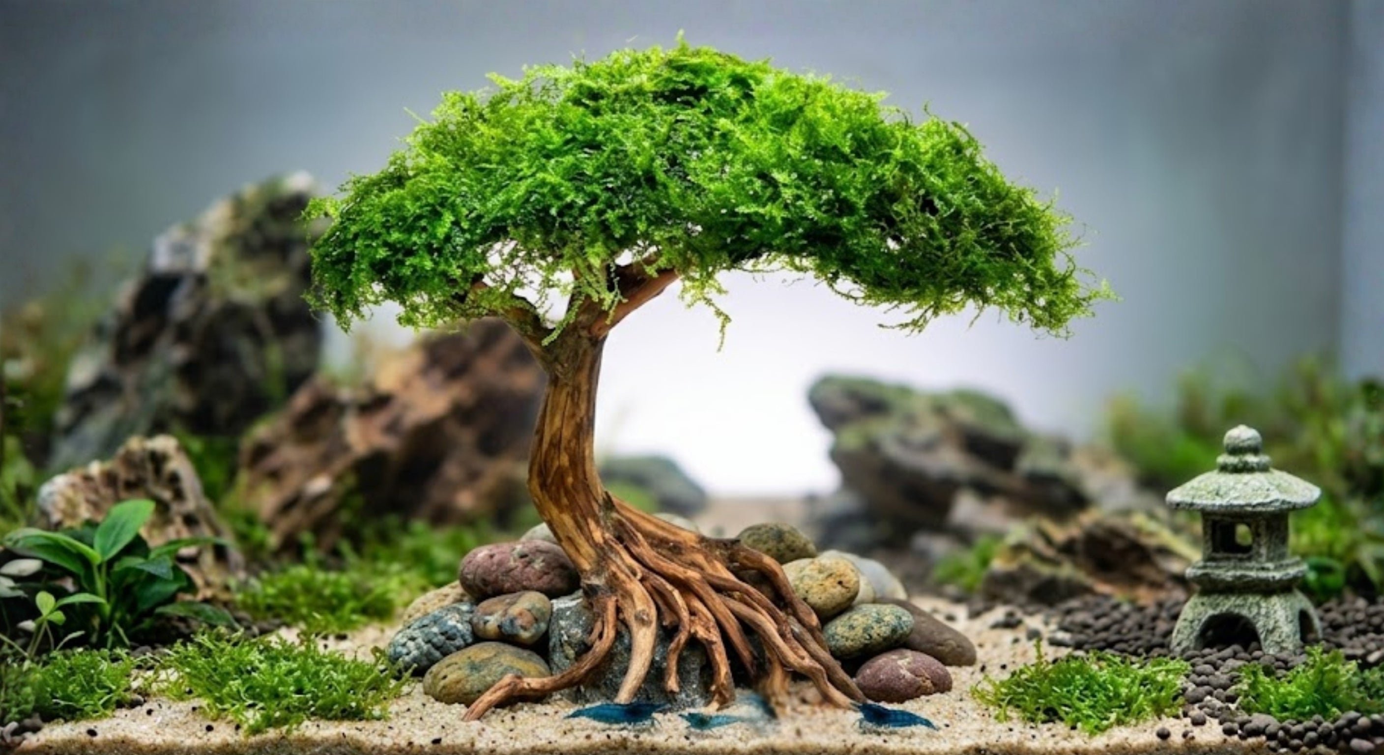 A lush planted aquarium featuring a central bonsai driftwood tree with live moss, surrounded by Dragon Stone and neon tetra fish.