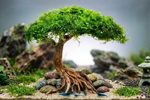 A lush planted aquarium featuring a central bonsai driftwood tree with live moss, surrounded by Dragon Stone and neon tetra fish.