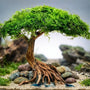 A lush planted aquarium featuring a central bonsai driftwood tree with live moss, surrounded by Dragon Stone and neon tetra fish.