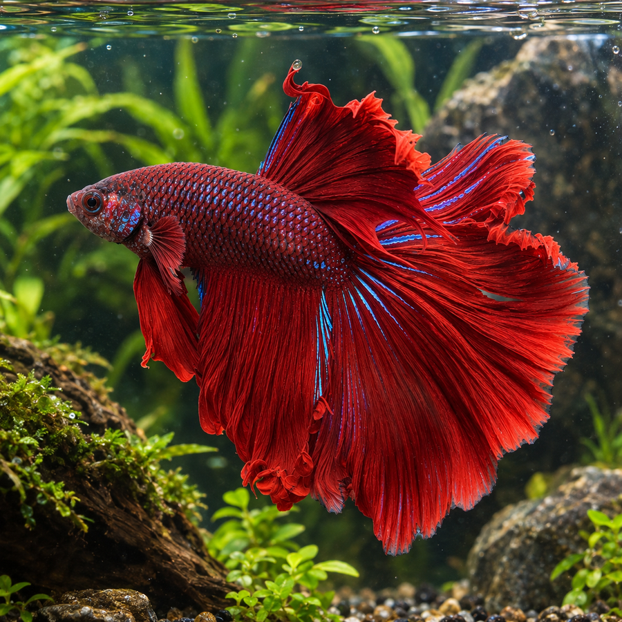 Vibrant red betta fish with flowing fins in a planted aquarium