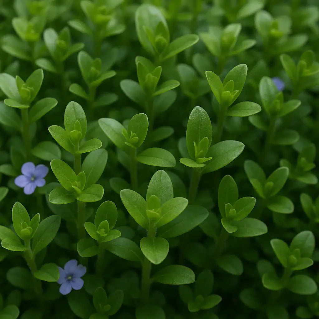 Bacopa Caroliniana stem showing paired oval leaves with small purple flower in planted aquarium