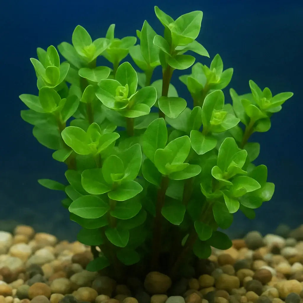 Bacopa Caroliniana planted in aquarium substrate with pebbles and blue background lighting
