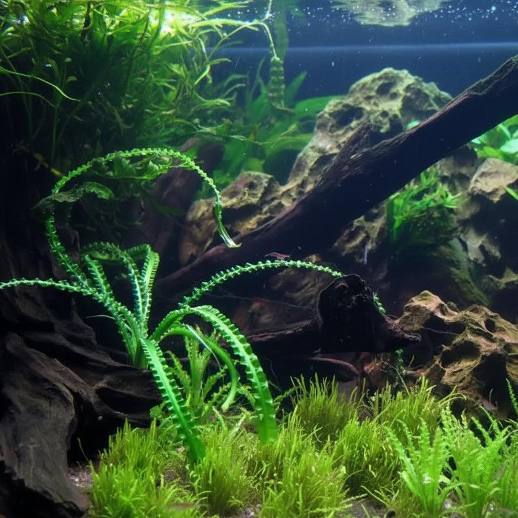 Crinum Calamistratum planted in aquascape substrate showing full plant height