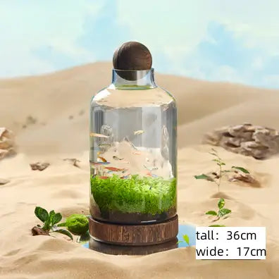 Drifting Bottle Grass Tank side angle showing bottle silhouette and internal ecosystem layout