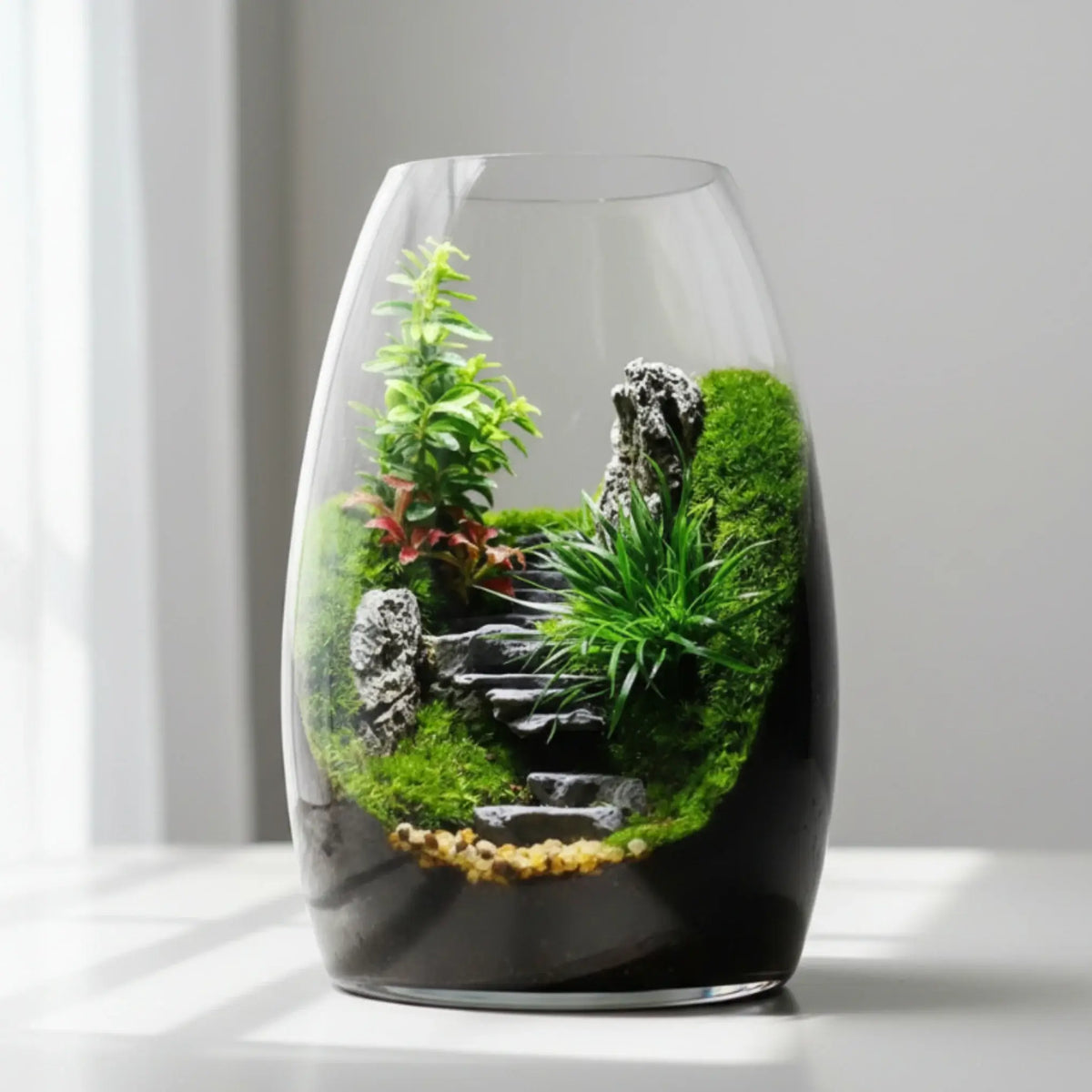 Green Hills Moss Microlandscape full view showing rolling moss hills in a glass terrarium