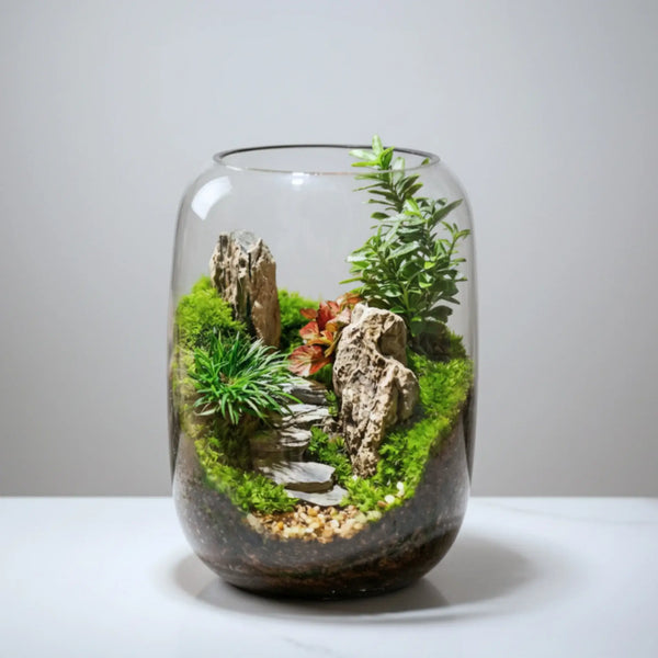 Green Mountain Microlandscape full view showing layered moss hills and miniature mountain decoration