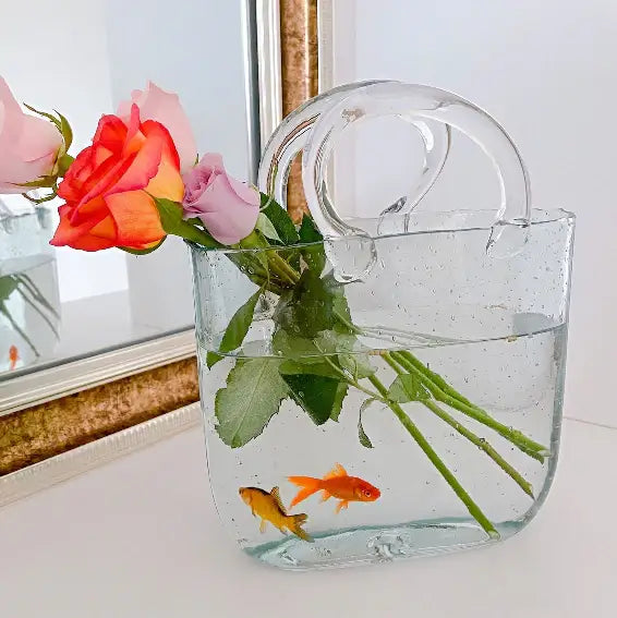 Handbag Fish Tank side angle showing full acrylic construction and internal water chamber