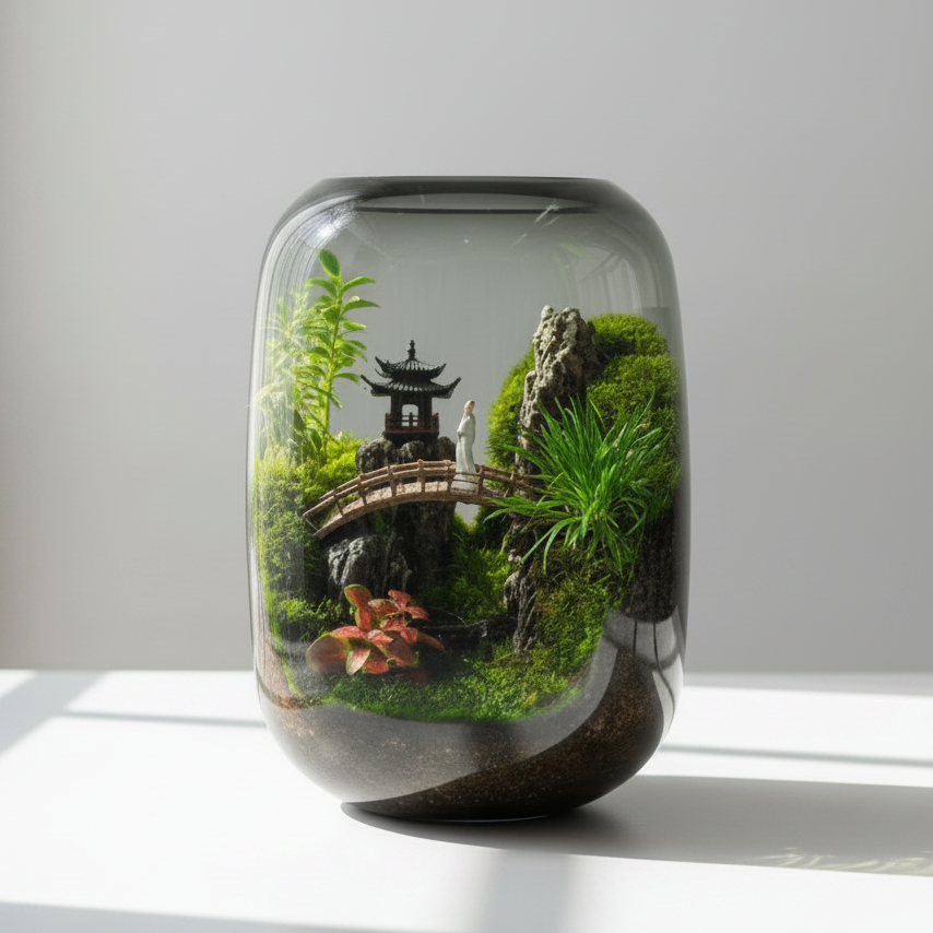 A small glass terrarium with a rounded rectangular shape sits on a white surface in a bright room. Inside the clear glass, there is layered dark soil, lush green moss, several green plants, a miniature pagoda, a curved bridge, and a rock formation.