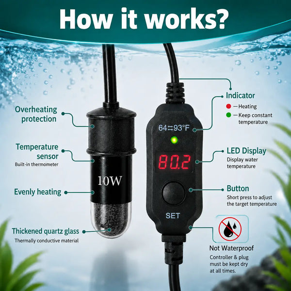 Mini Aquarium Heater 10W USB — Adjustable LED Display Thermostat