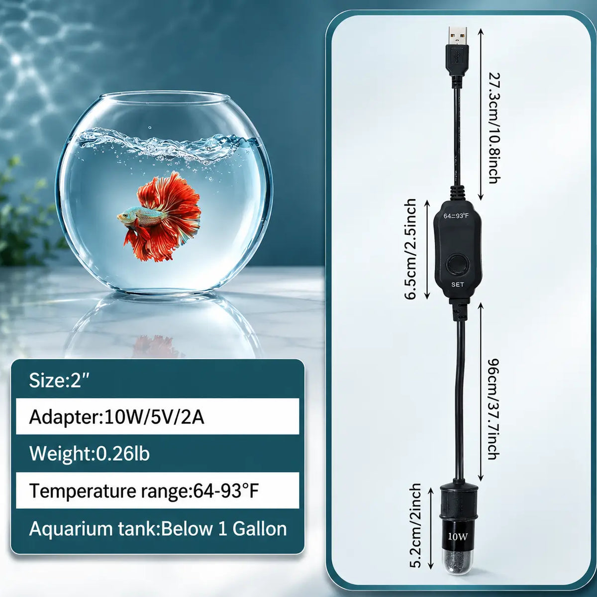 Mini Aquarium Heater 10W USB — Adjustable LED Display Thermostat