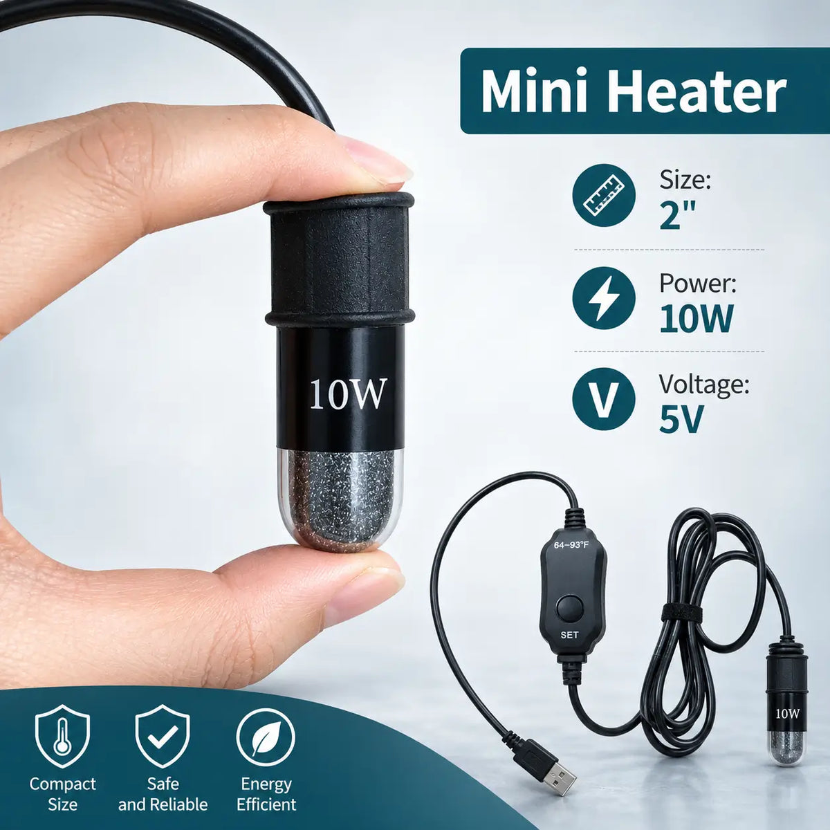 Mini Aquarium Heater 10W USB — Adjustable LED Display Thermostat