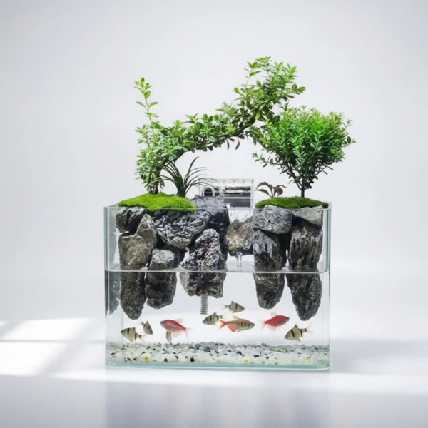 Moss Running Water terrarium full view showing continuous water flow over moss-covered landscape