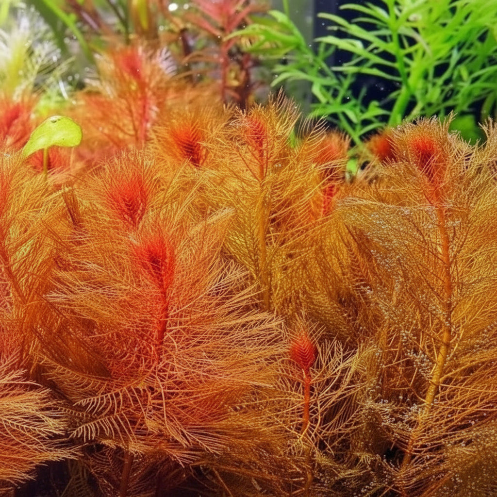 A close-up underwater view of a dense cluster of feathery aquatic plants in warm orange-brown tones, with some green foliage visible in the background.