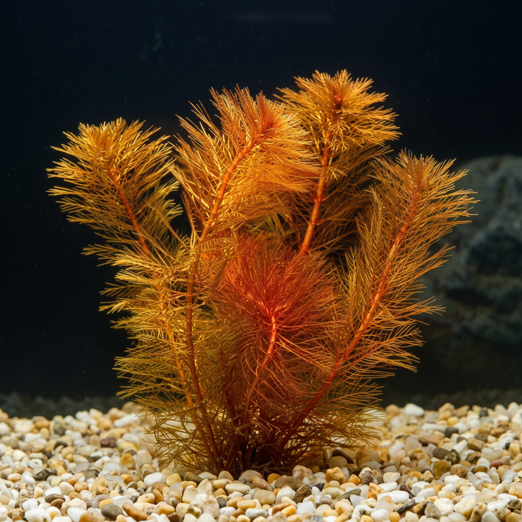 A live aquarium plant with feathery golden-orange fronds growing from white and beige gravel in a dark tank.