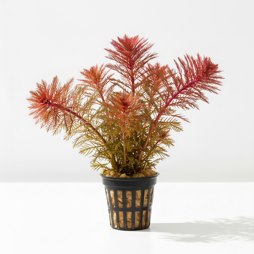 An artificial aquarium plant with reddish-pink and golden-yellow feathery fronds, potted in a black plastic hanging basket with gravel, set against a clean white background.