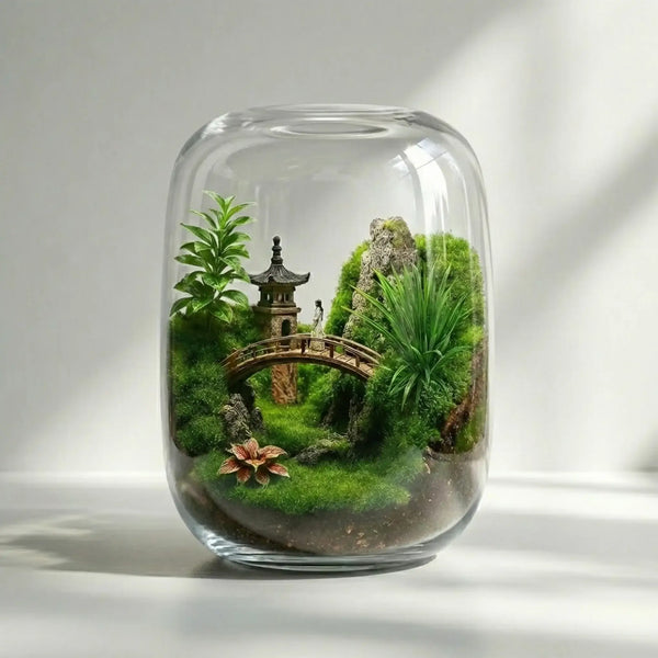 Pavilions Moss Microecological Landscape full view showing handmade pagoda ornament with live moss and plants