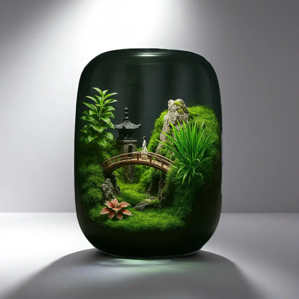 Pavilions Moss Microecological Landscape side angle showing glass container and internal plant layout