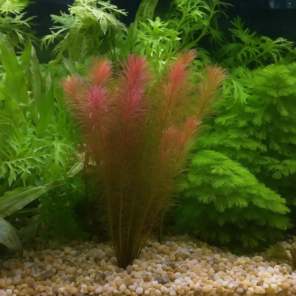 Rotala Wallichii red stem plant growing in a planted aquarium with green foreground plants and gravel