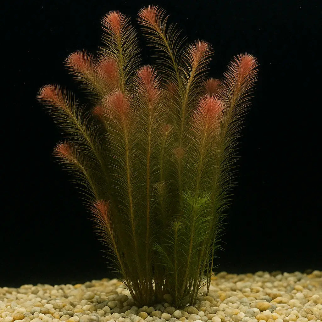 Rotala Wallichii showing green-to-pink color gradient on feathery leaves against dark aquarium background